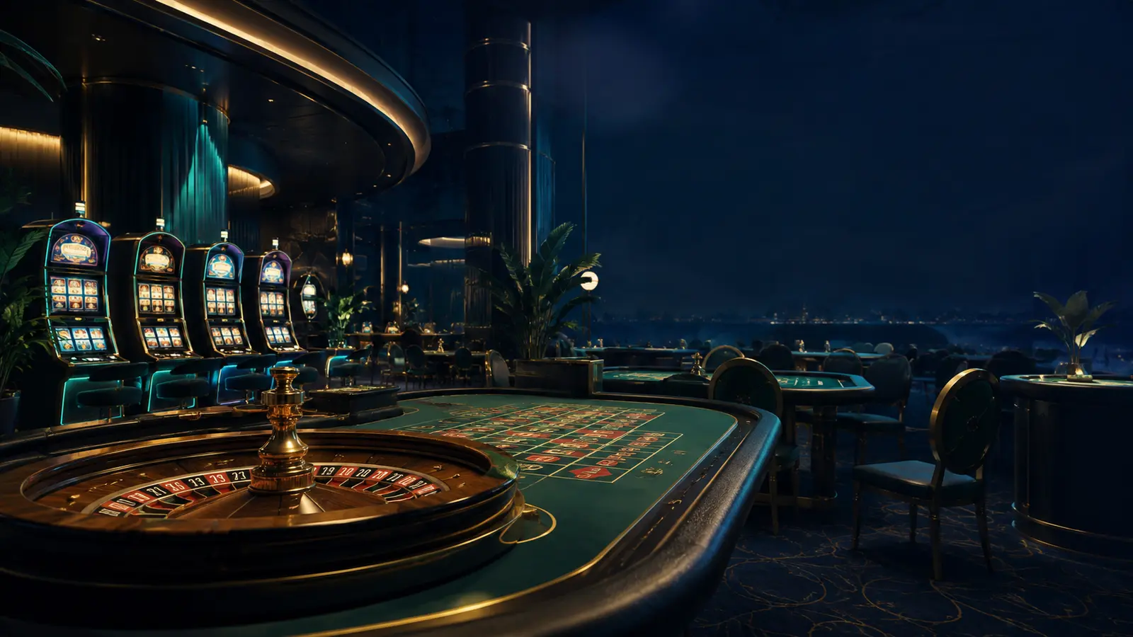 Ilustrasi editorial ruang kasino dengan meja roulette dan mesin slot