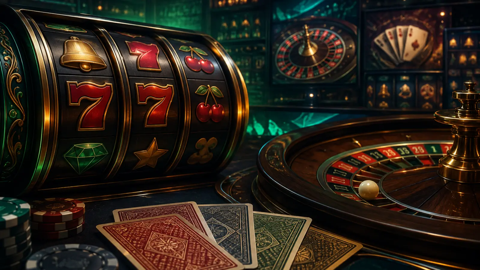 Komposisi editorial gulungan slot, roulette, dan kartu permainan