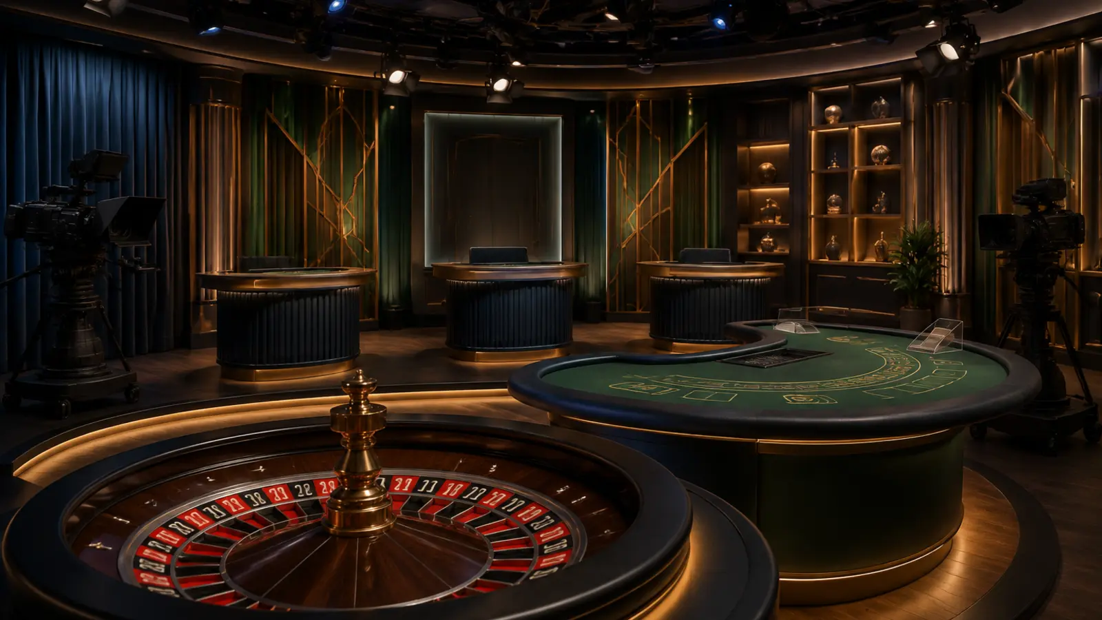 Studio kasino langsung dengan roulette dan meja permainan
